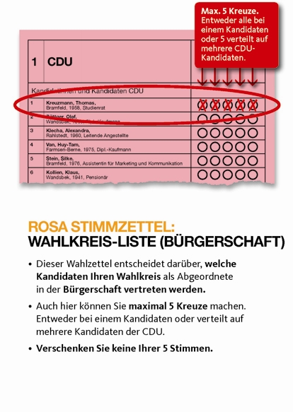 Download der Musterstimmzettel für: Bürgerschaft - Wahlkreislisten